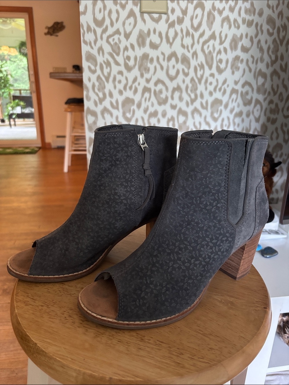 Toms Charcoal Gray Suede Peep-Toe Ankle Boots